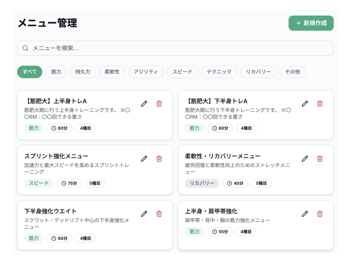 GRITTY Training Managementのトレーニングメニュー管理画面