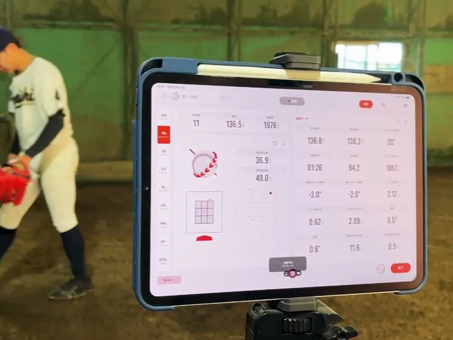 iPadでRapsodoの計測データを確認しながら行う投球測定の様子